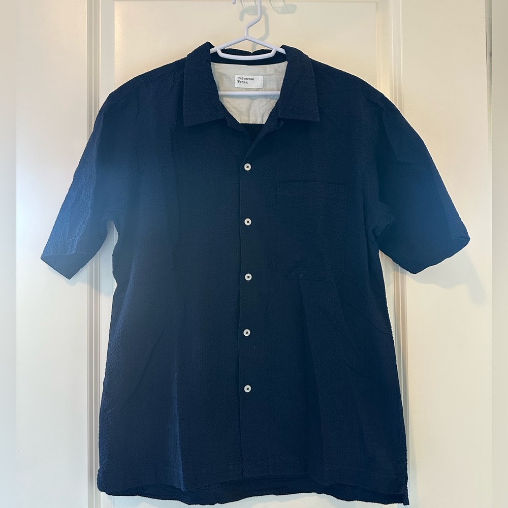 Universal Works Navy Seersucker Short Sleeved Shirt